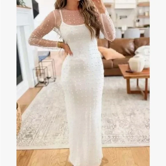 Sheer Pearl Mesh Overlay Long Sleeve Dress - Picture 2 of 6